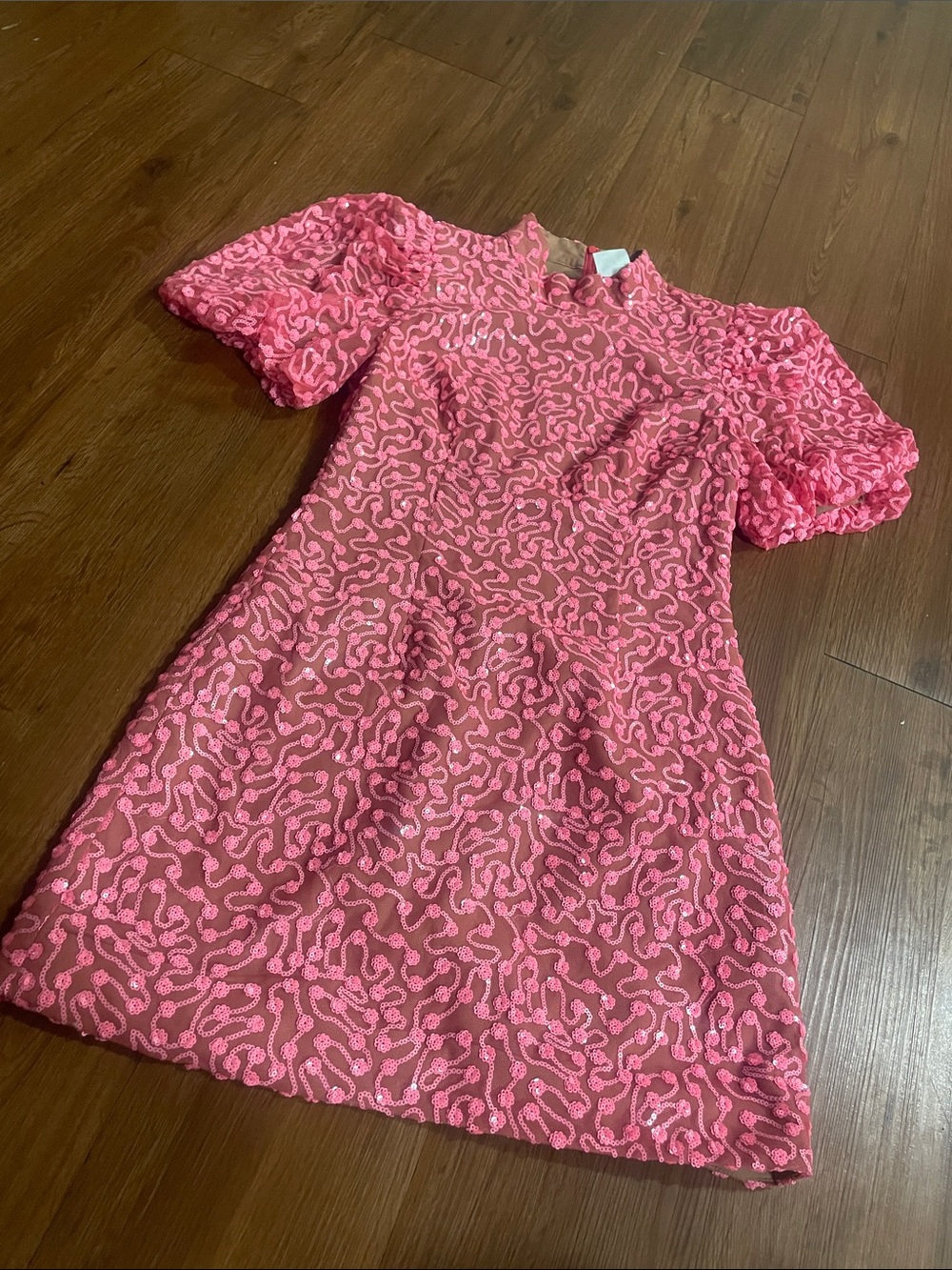 QUEEN OF SPARKLES Bright Pink Textured Puff-Sleeve Mini Dress